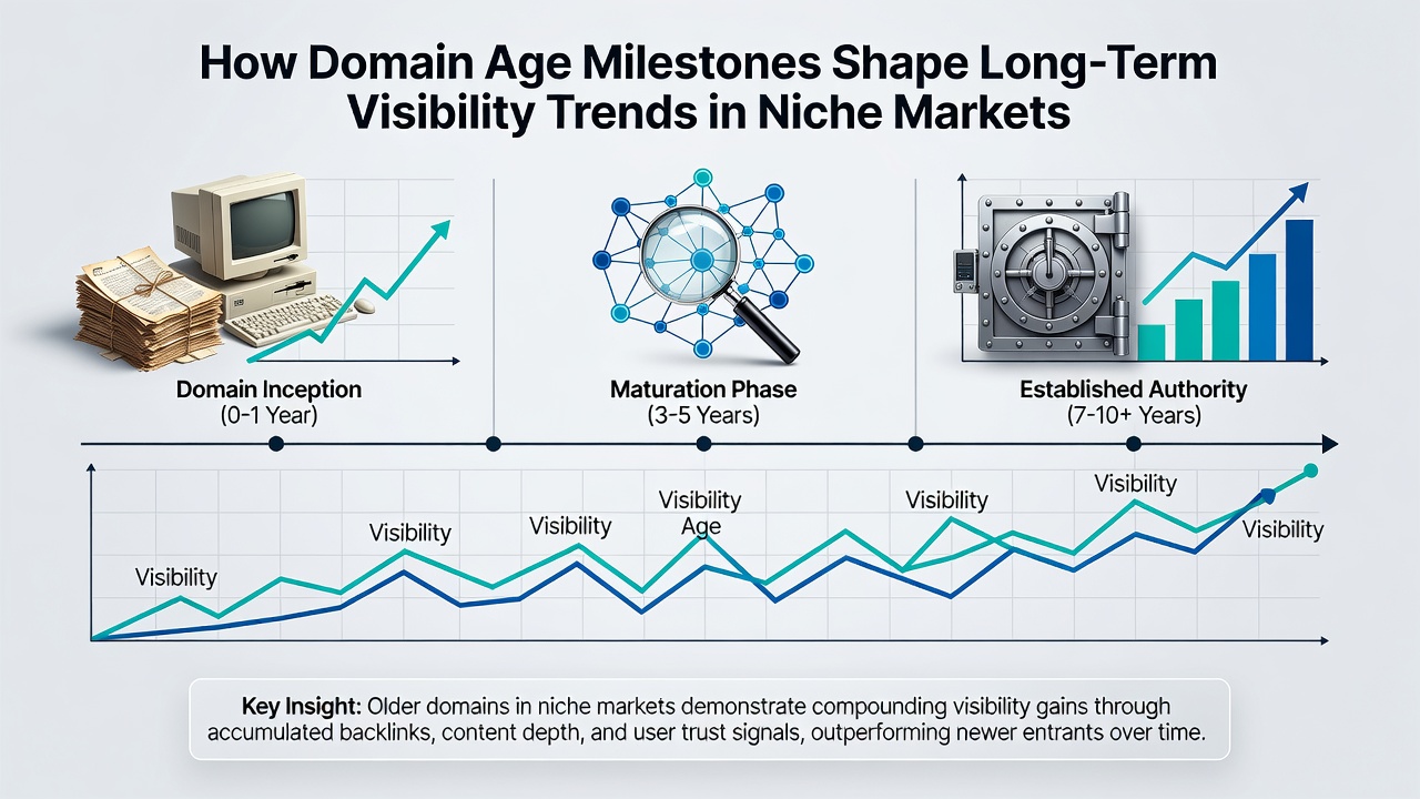 Chart illustrating long-term visibility curves for aged domains in competitive niche environments