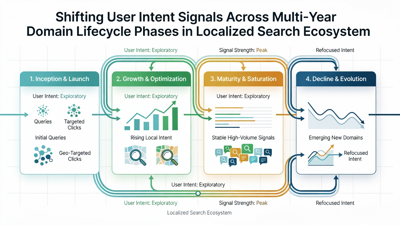 Graph showing intent signal evolution in localized search ecosystems over multi-year domain phases